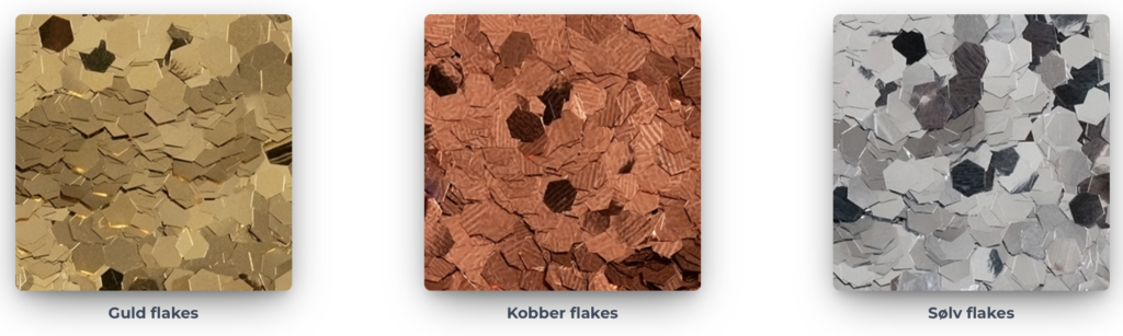 Vores flakes i guld, sølv og kobber som bruges i vores epoxy gulve.